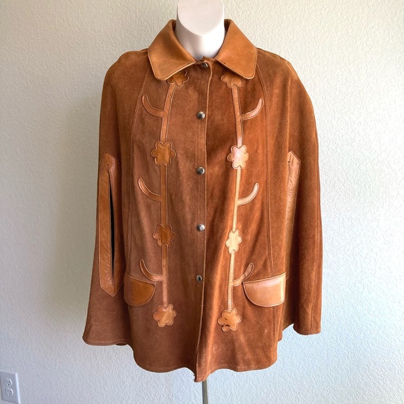 Vintage 1970’s Leather Brown Suede Cape Coat One Size - Picture 2 of 13